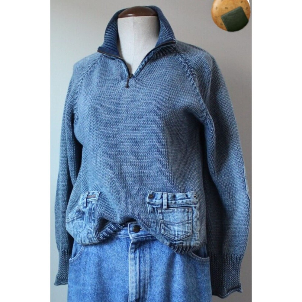 PBJ Blues Vintage Sweater 1/4 Zip Neck jean Pockets elbow Pads Sz. M